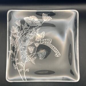 Vtg 25th Anniversary Clear Glass Serving Plate Floral Silver Square Dish 10" Sq.